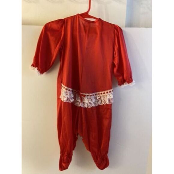 Vintage Moon Beam Baby Girl 12 M One-Piece Red Nylon Sleeper Lace Ruffles Usa - Picture 4 of 5